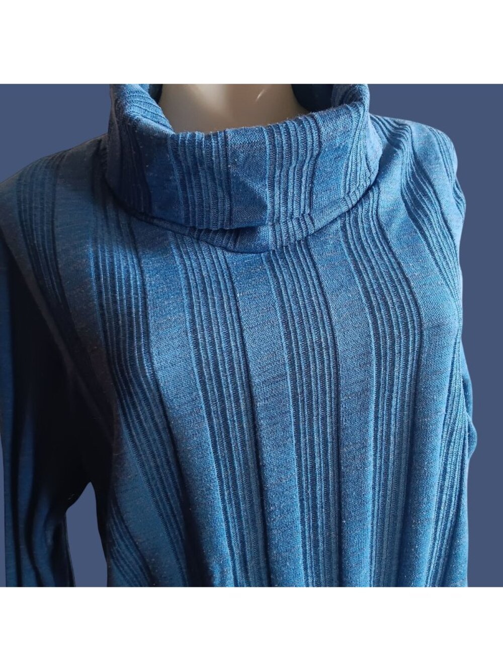 True Vintage 1970's Sweater Large True Boho Ribbed Blue Cowl Neck By Patricia